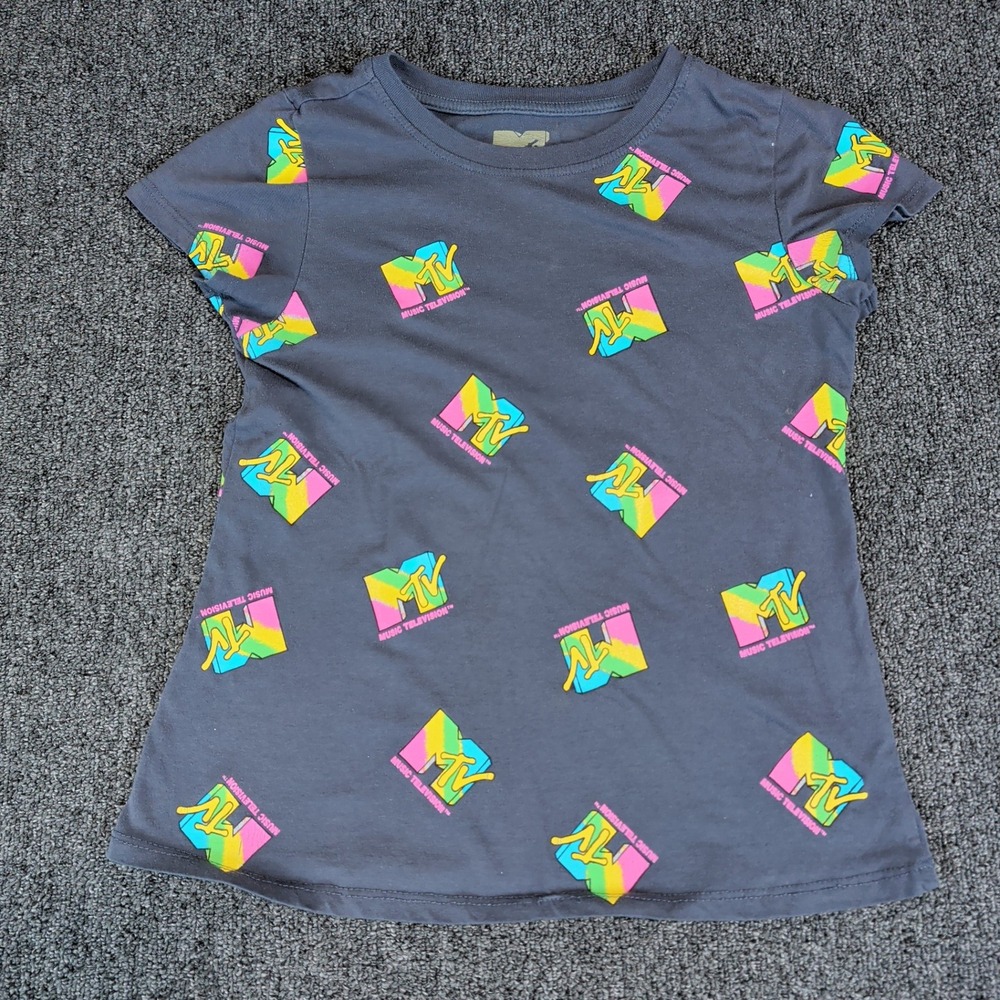 MTV Retro 90s All Over Logo Graphic T-Shirt Kids Size L 10/12 Gray Cotton Blend — photo 2